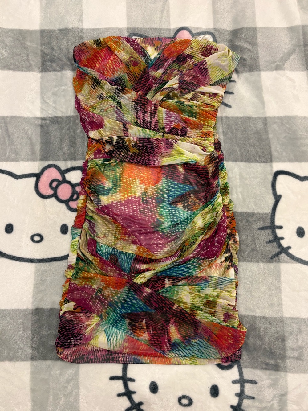 Guess Y2K Multicolour Ruched Strapless Mini Dress
